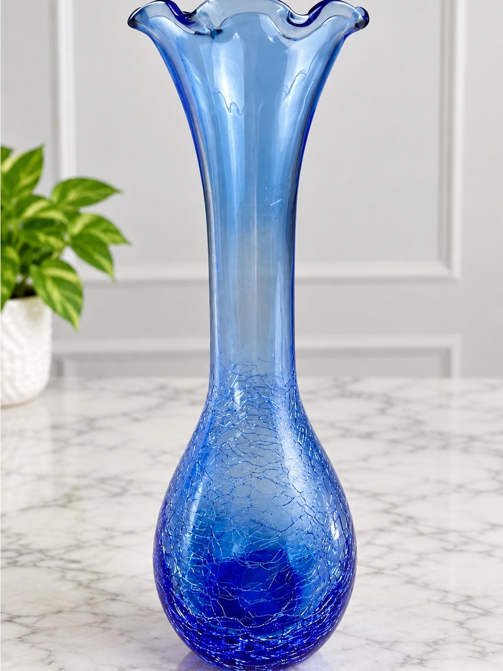 Blue Crackle Glass Vase 8” Ruffled Wavy Rim Decorative